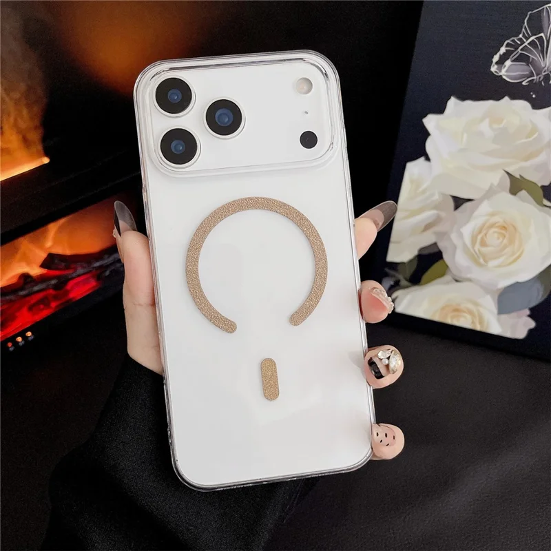 For iPhone 17 Pro Magnetic Case Glitter Ring 1.5mm Hard PC Clear Phone Cover - Gold