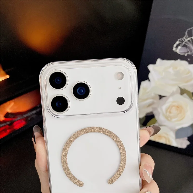 For iPhone 17 Pro Magnetic Case Glitter Ring 1.5mm Hard PC Clear Phone Cover - Gold