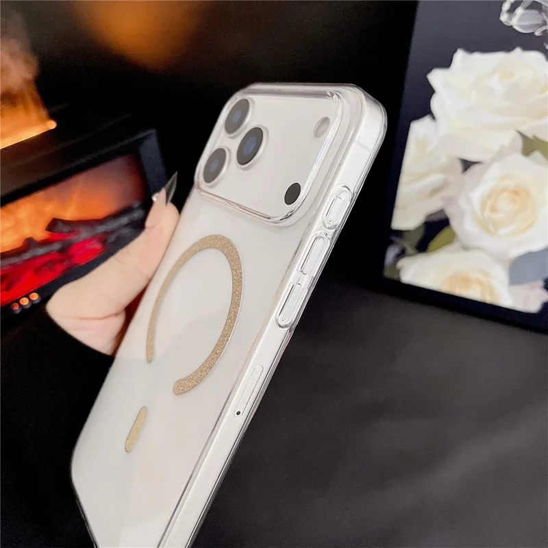 For iPhone 17 Pro Magnetic Case Glitter Ring 1.5mm Hard PC Clear Phone Cover - Gold