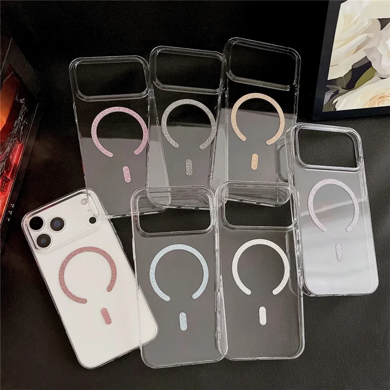 For iPhone 17 Pro Magnetic Case Glitter Ring 1.5mm Hard PC Clear Phone Cover - Gold