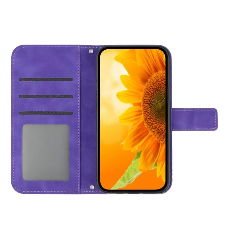 Pour Oppo Reno8 Pro + 5G / Reno8 Pro 5G (version Mondiale) Imprimé de Tournesol de Tournesol en Cuir en Cuir de Support de Porte-touche de Téléphone Couvercle de Téléphone Avec Sangle - Violet Foncé