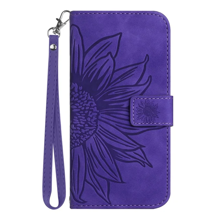 Pour Oppo Reno8 Pro + 5G / Reno8 Pro 5G (version Mondiale) Imprimé de Tournesol de Tournesol en Cuir en Cuir de Support de Porte-touche de Téléphone Couvercle de Téléphone Avec Sangle - Violet Foncé