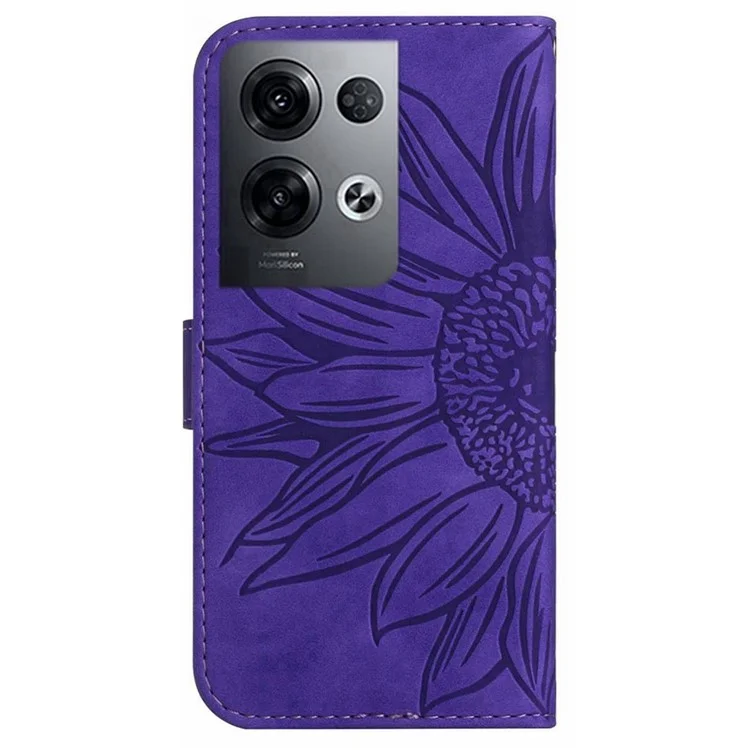 Pour Oppo Reno8 Pro + 5G / Reno8 Pro 5G (version Mondiale) Imprimé de Tournesol de Tournesol en Cuir en Cuir de Support de Porte-touche de Téléphone Couvercle de Téléphone Avec Sangle - Violet Foncé