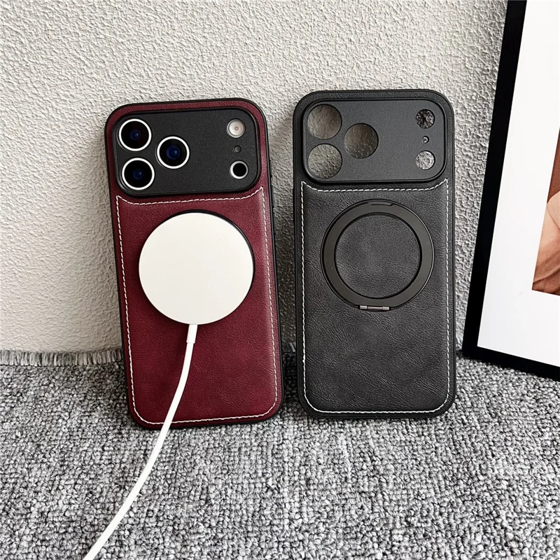 For iPhone 17 Pro Magnetic Case Calf Texture PU + TPU + PC Kickstand Phone Cover - Red