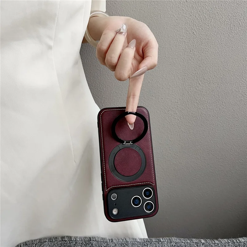 For iPhone 17 Pro Magnetic Case Calf Texture PU + TPU + PC Kickstand Phone Cover - Red