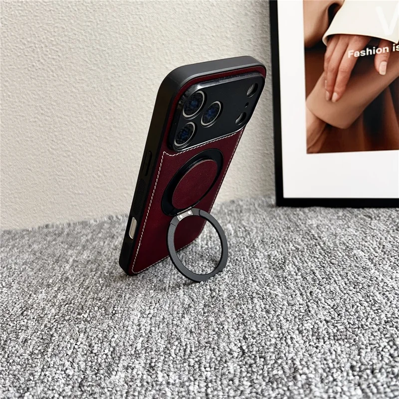 For iPhone 17 Pro Magnetic Case Calf Texture PU + TPU + PC Kickstand Phone Cover - Red