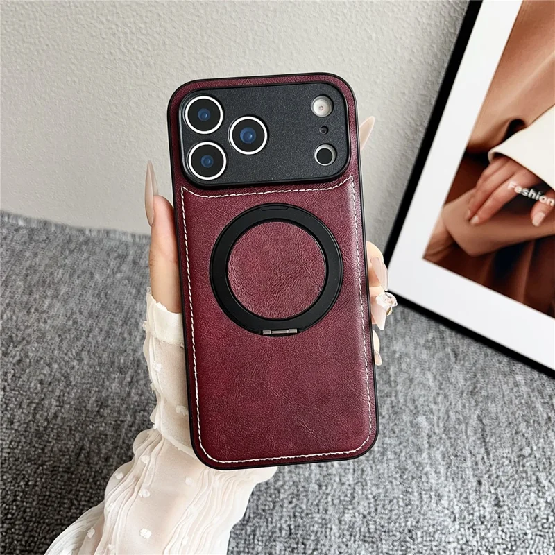 For iPhone 17 Pro Max Magnetic Case Calf Texture PU + TPU + PC Kickstand Phone Cover - Red