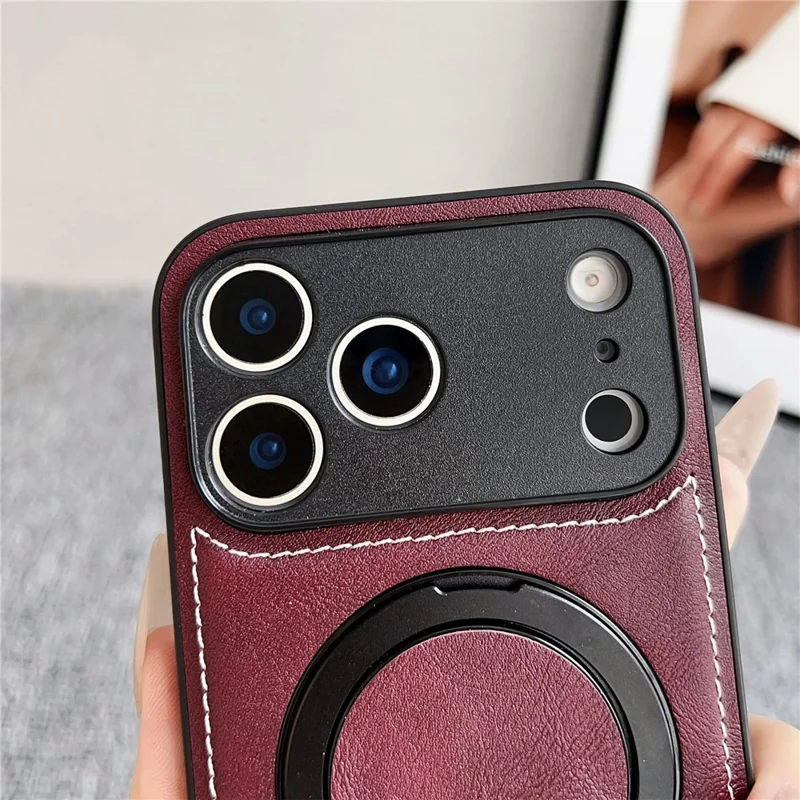 For iPhone 17 Pro Max Magnetic Case Calf Texture PU + TPU + PC Kickstand Phone Cover - Red