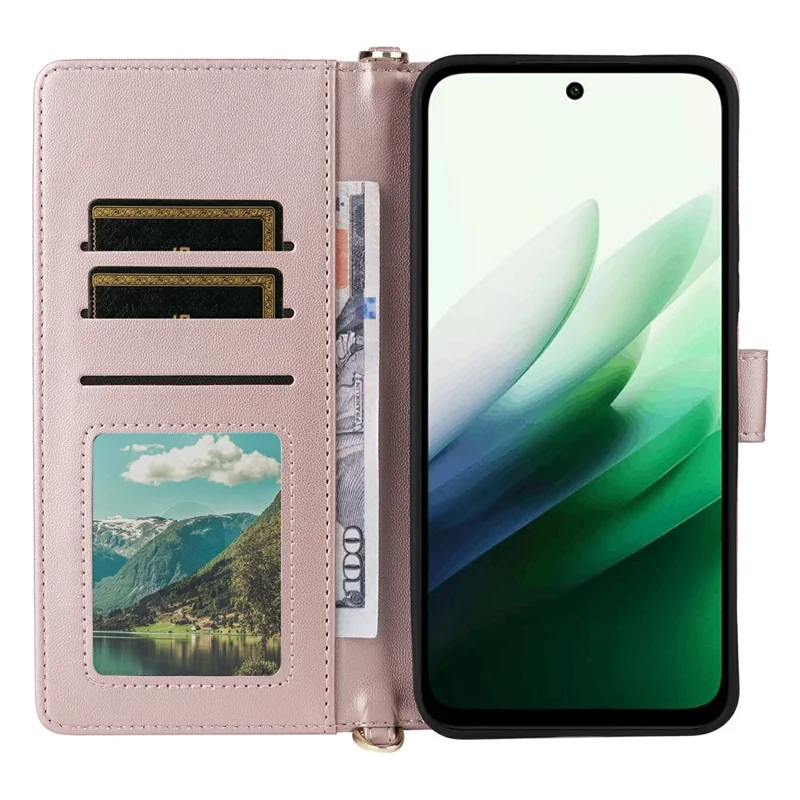 Étui 4G (171 mm) pour Xiaomi Redmi 15 avec bandoulière/sangle de poignet, étui de téléphone en cuir avec support et portefeuille - Rose