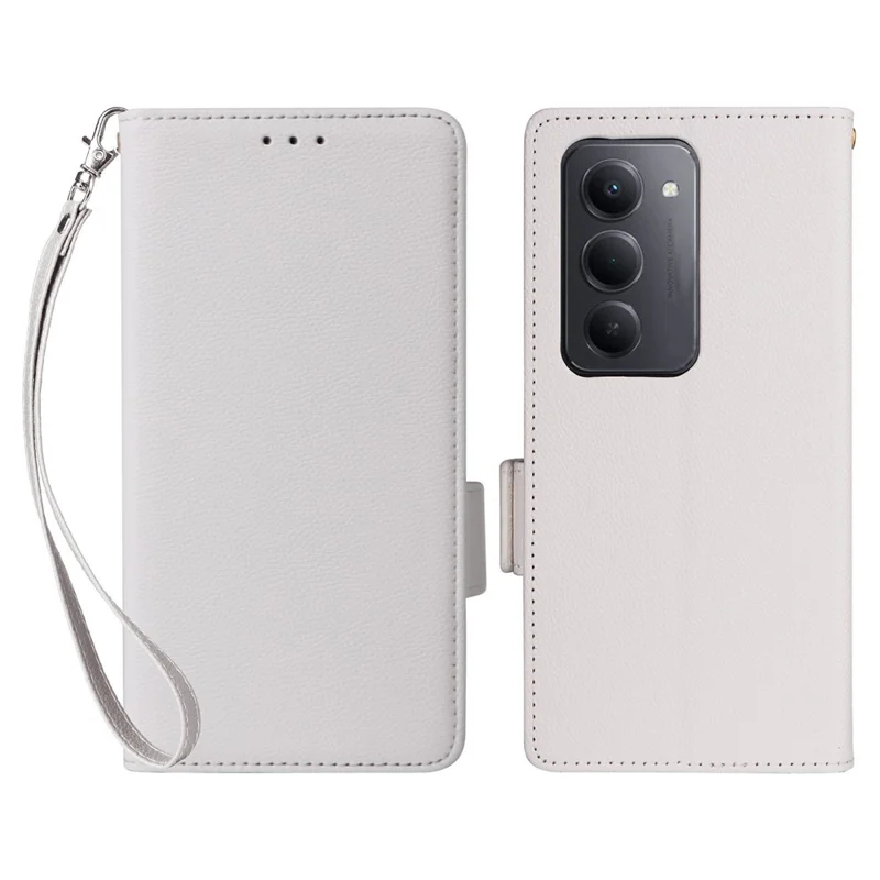 Xiaomi Redmi 15 4G Hülle mit Handgelenkschlaufe, Litchi-Textur PU-Leder Brieftasche Handyhülle - Weiß