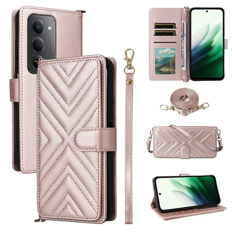 Funda para Xiaomi Redmi 15 5G con correa para el hombro/muñeca, funda de teléfono de cuero con soporte y billetera - Rosa