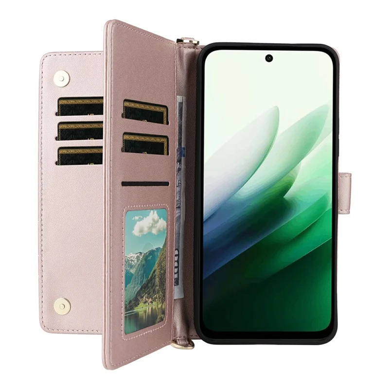 Funda para Xiaomi Redmi 15 5G con correa para el hombro/muñeca, funda de teléfono de cuero con soporte y billetera - Rosa