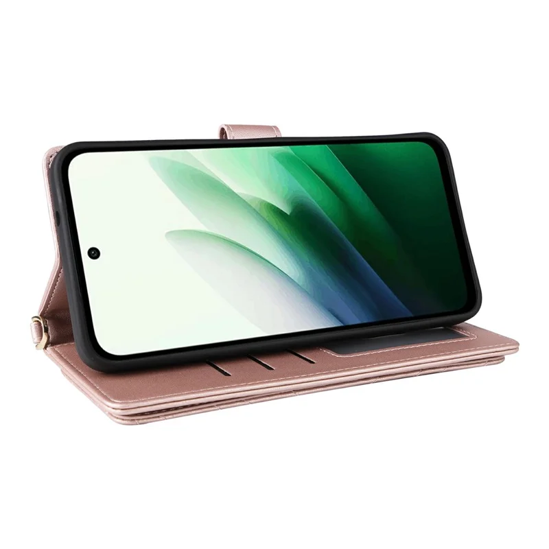 Funda para Xiaomi Redmi 15 5G con correa para el hombro/muñeca, funda de teléfono de cuero con soporte y billetera - Rosa