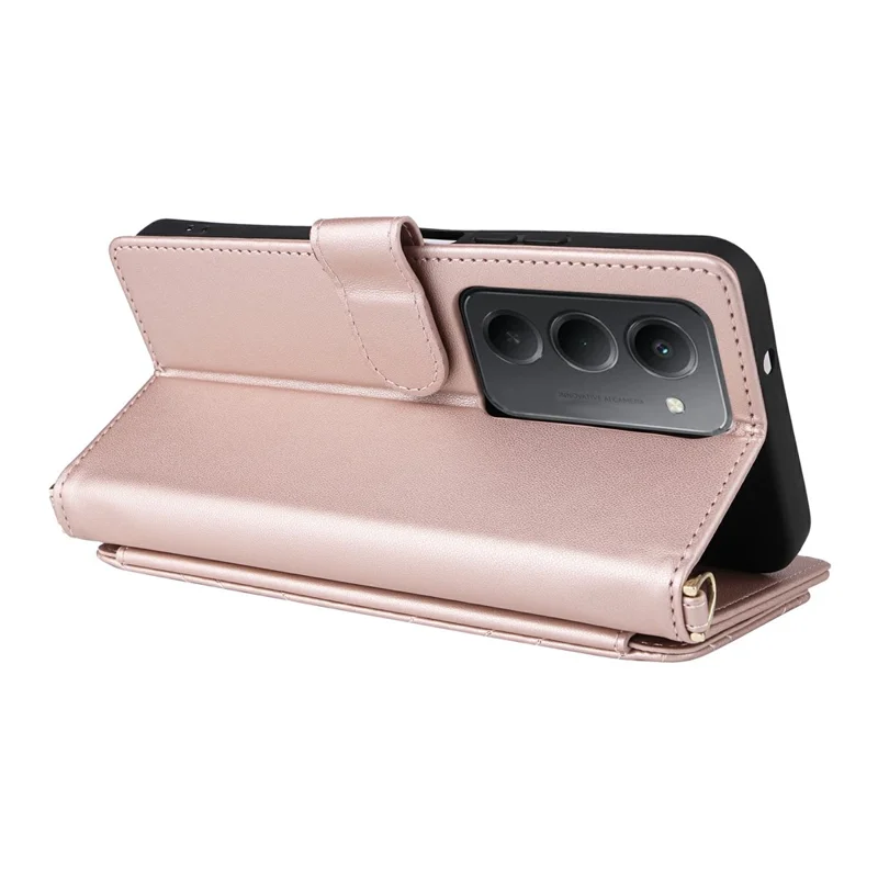Funda para Xiaomi Redmi 15 5G con correa para el hombro/muñeca, funda de teléfono de cuero con soporte y billetera - Rosa