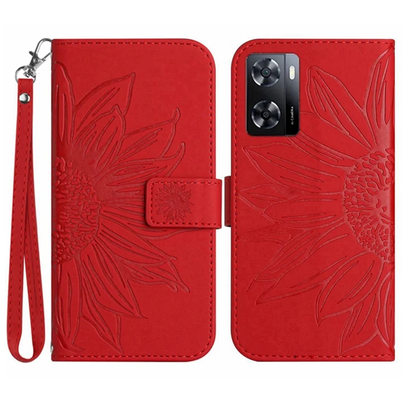 For Oppo A57 4G / A57s 4G / A57 (2022) 5G / A77 4G / A77 5G Skin-Touch Feeling Flip Phone Case, Imprinted Sunflower Stand PU Leather Magnetic Wallet Cover with Strap - Red
