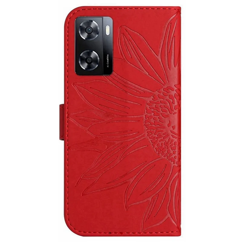 For Oppo A57 4G / A57s 4G / A57 (2022) 5G / A77 4G / A77 5G Skin-Touch Feeling Flip Phone Case, Imprinted Sunflower Stand PU Leather Magnetic Wallet Cover with Strap - Red