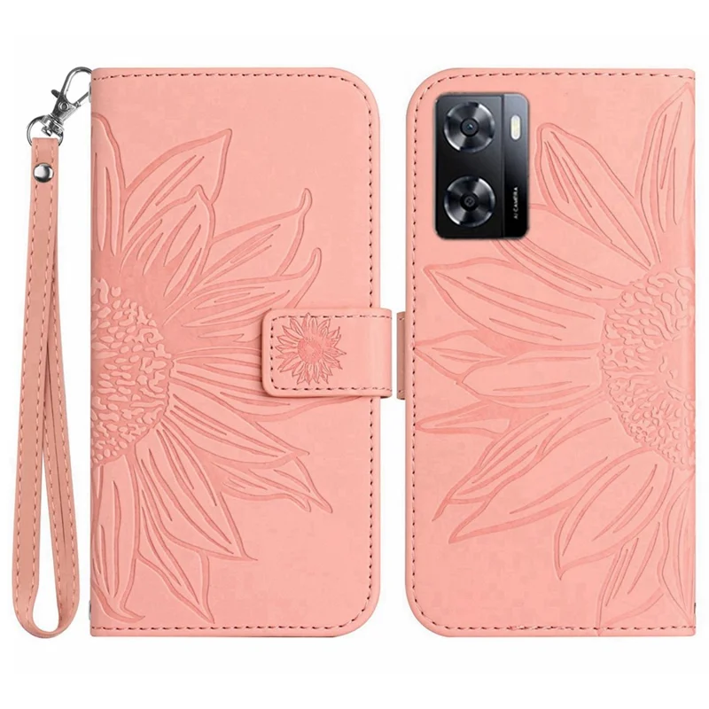 Per Oppo A57 4G / A57 (2022) 5G / A77 4G / A77 5G Sensazione Della Pelle Flip Telefono, Bastafoglio di Girasole Impresso PU Coperchio Magnetic - Rosa Chiaro