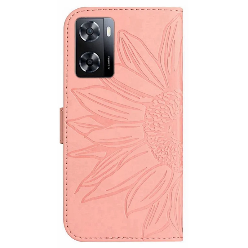 Per Oppo A57 4G / A57 (2022) 5G / A77 4G / A77 5G Sensazione Della Pelle Flip Telefono, Bastafoglio di Girasole Impresso PU Coperchio Magnetic - Rosa Chiaro
