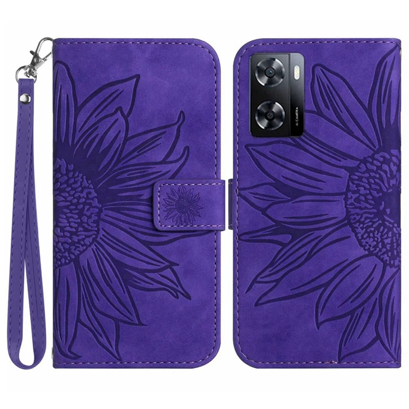 For Oppo A57 4G / A57s 4G / A57 (2022) 5G / A77 4G / A77 5G Skin-Touch Feeling Flip Phone Case, Imprinted Sunflower Stand PU Leather Magnetic Wallet Cover with Strap - Dark Purple