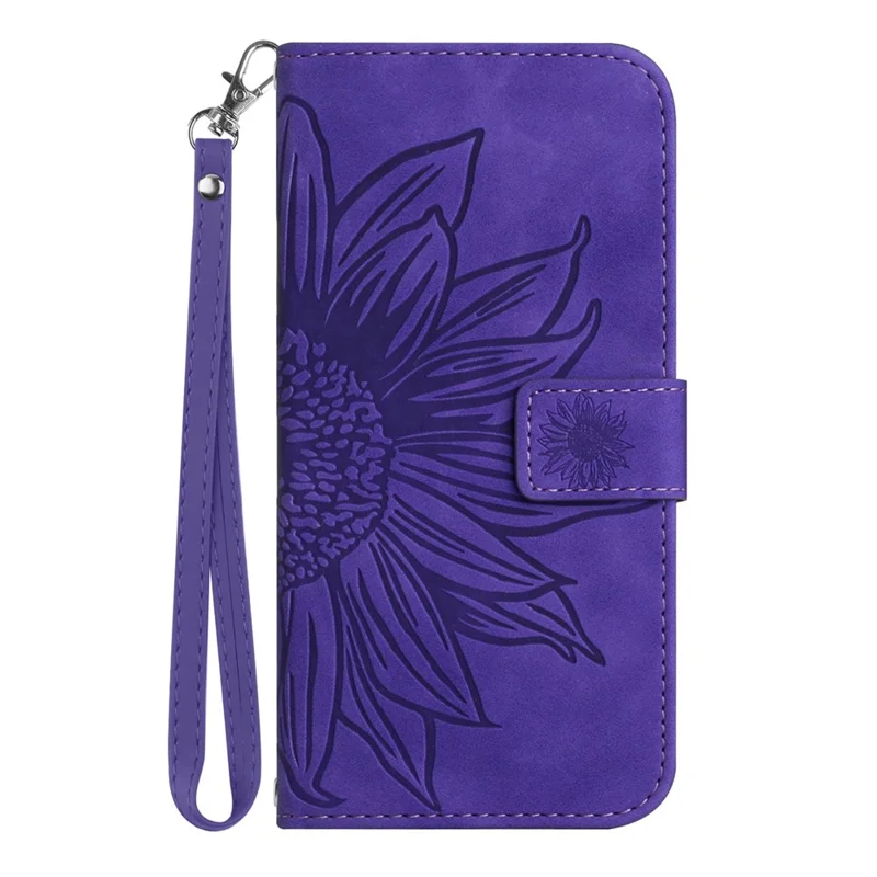 For Oppo A57 4G / A57s 4G / A57 (2022) 5G / A77 4G / A77 5G Skin-Touch Feeling Flip Phone Case, Imprinted Sunflower Stand PU Leather Magnetic Wallet Cover with Strap - Dark Purple