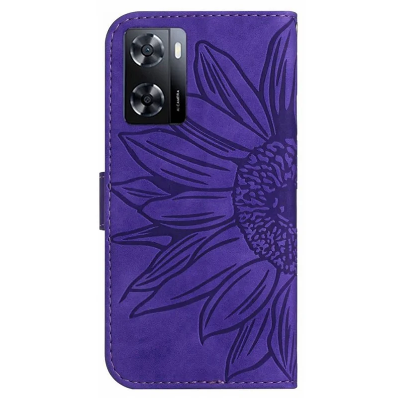 For Oppo A57 4G / A57s 4G / A57 (2022) 5G / A77 4G / A77 5G Skin-Touch Feeling Flip Phone Case, Imprinted Sunflower Stand PU Leather Magnetic Wallet Cover with Strap - Dark Purple