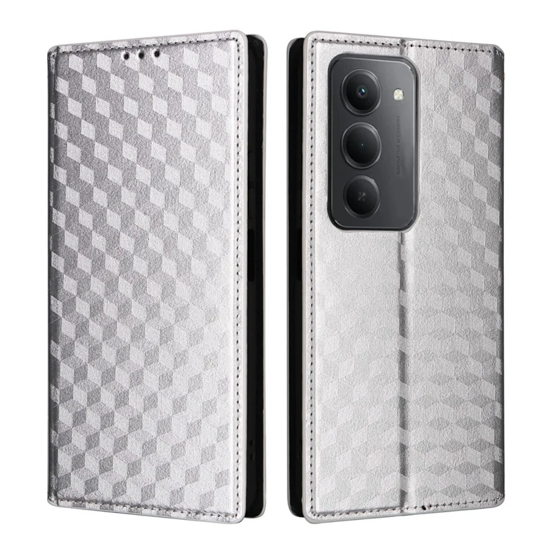 Чехол-бумажник для Xiaomi Redmi 15 5G (169 мм) - серебристый с ромбовидным тиснением из кожи