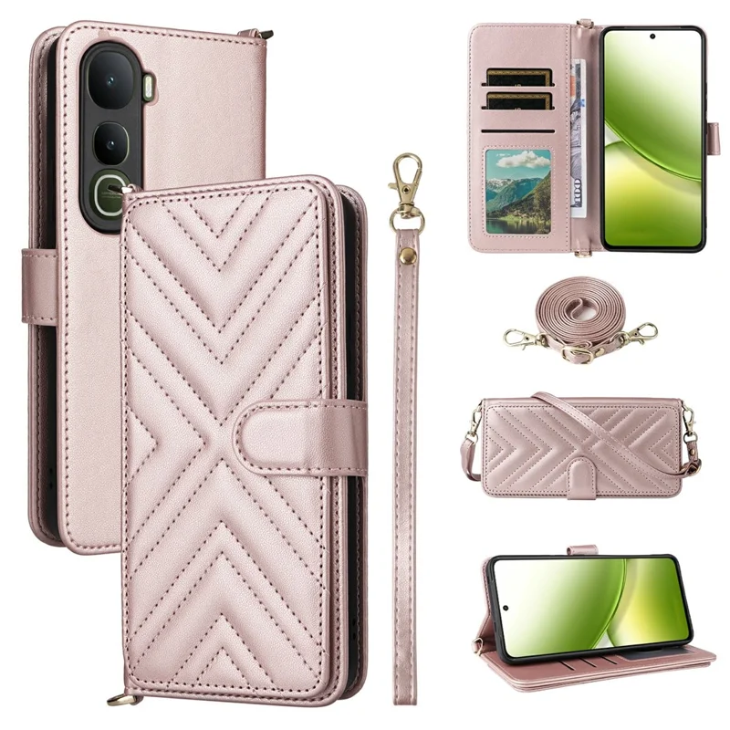 Étui pour vivo Y400 4G / Y400 5G avec sangle d'épaule / poignet Étui de téléphone en cuir avec support Portefeuille - Rose