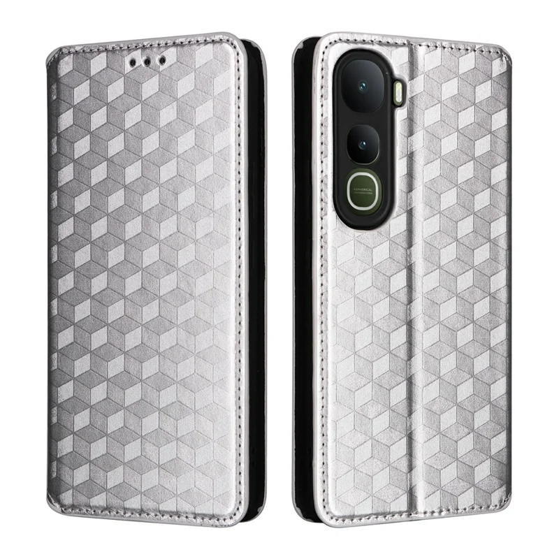 For vivo Y400 5G  /  4G Case Wallet Rhombus Imprinted Leather Phone Cover - Silver
