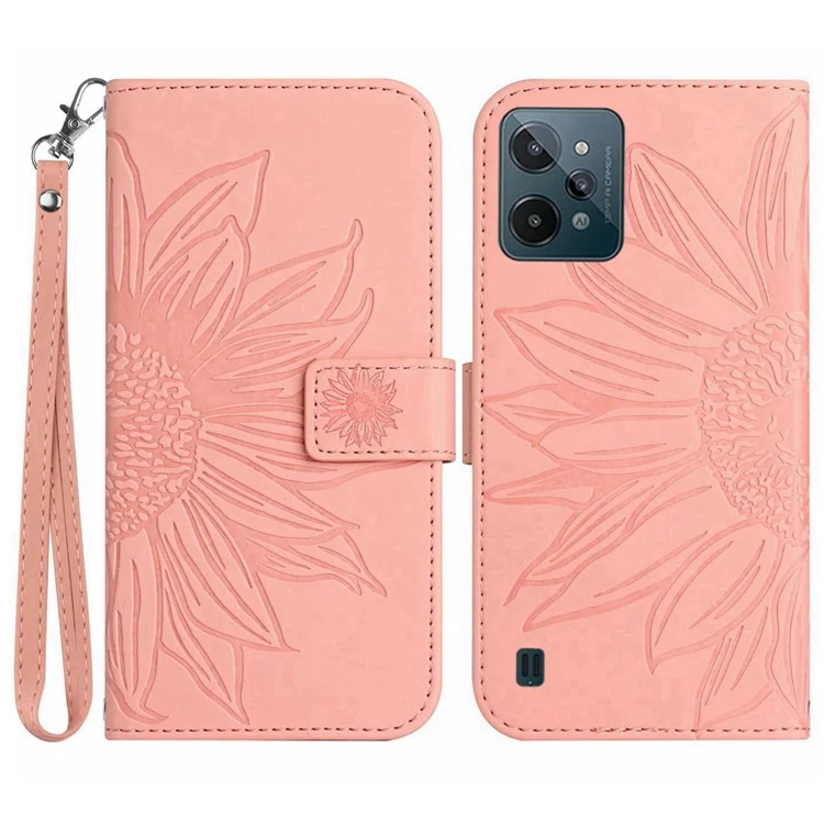 For Realme C31 Imprinted Sunflower PU Leather Case Full Protection Stand Wallet Skin-touch Phone Cover with Strap - Light Pink