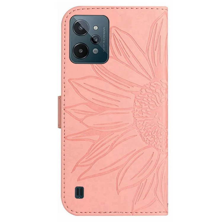 For Realme C31 Imprinted Sunflower PU Leather Case Full Protection Stand Wallet Skin-touch Phone Cover with Strap - Light Pink