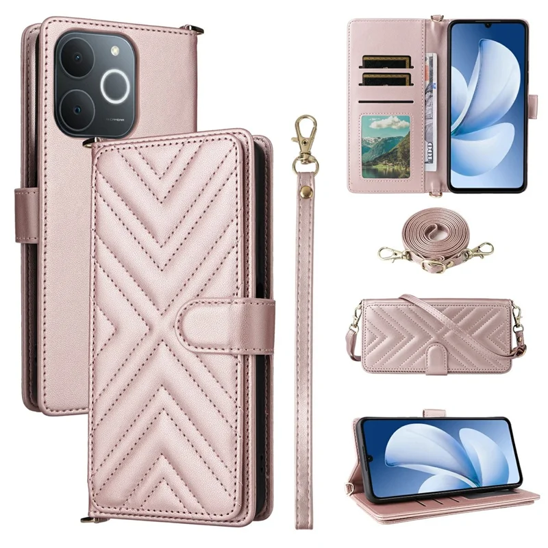 Leather Case for Realme Note 70T 4G / Note 70 4G / Narzo 80 Lite 4G / Realme C71 4G (India) Stand Wallet Phone Cover with Shoulder / Wrist Strap - Pink