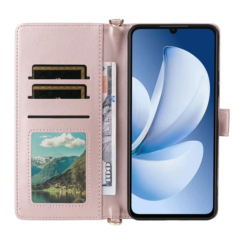 Leather Case for Realme Note 70T 4G / Note 70 4G / Narzo 80 Lite 4G / Realme C71 4G (India) Stand Wallet Phone Cover with Shoulder / Wrist Strap - Pink