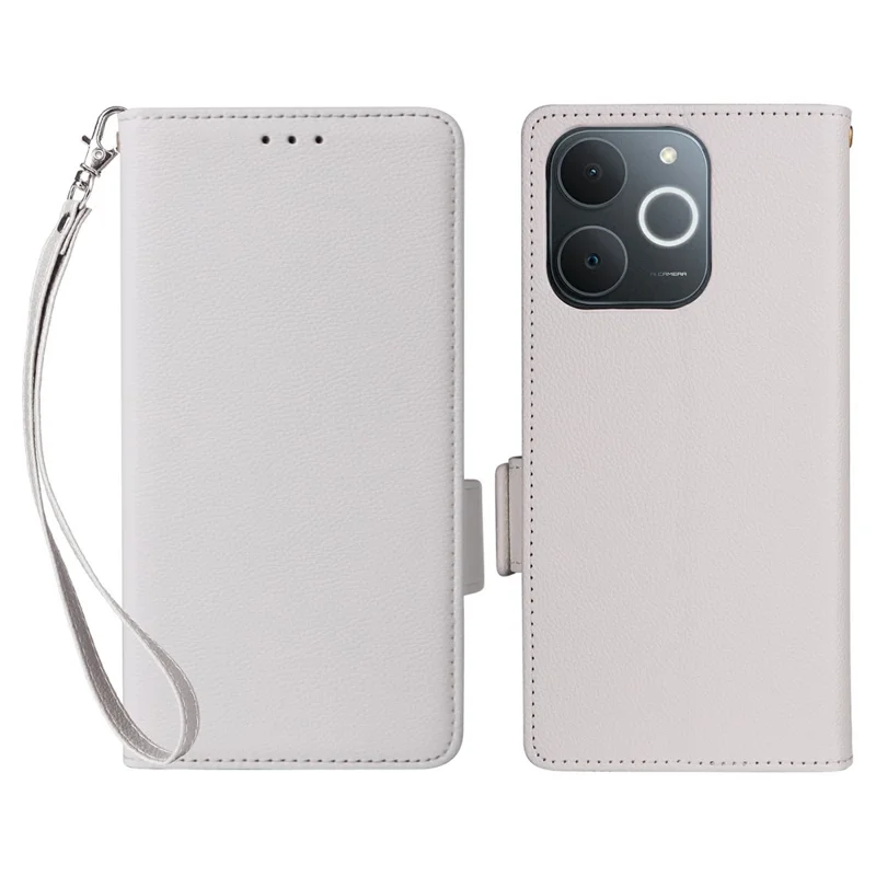 Capa de Couro para Realme Note 70T 4G / Note 70 4G / Narzo 80 Lite 4G / Realme C71 4G (Índia) Capa de Telefone de Carteira com Textura de Lichia e Alça de Pulso - Branco