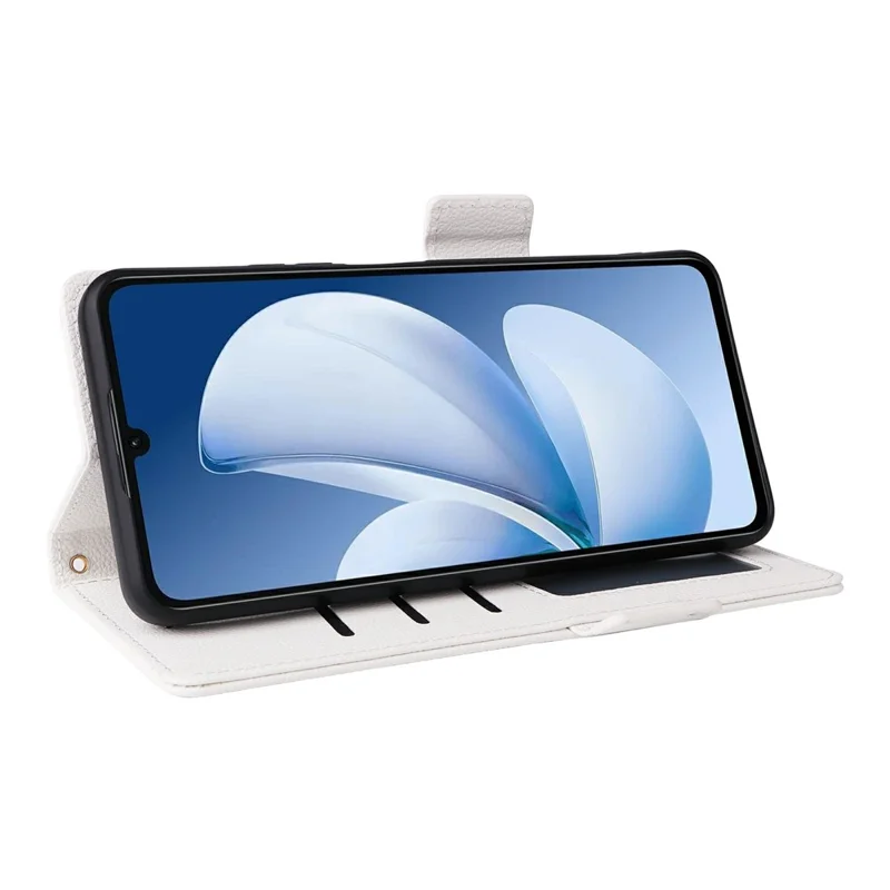 Capa de Couro para Realme Note 70T 4G / Note 70 4G / Narzo 80 Lite 4G / Realme C71 4G (Índia) Capa de Telefone de Carteira com Textura de Lichia e Alça de Pulso - Branco