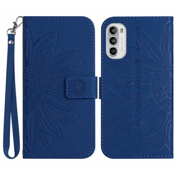 PU Leather Stand Wallet Case for Motorola Moto G62 5G, Skin-touch Imprinted Sunflower Shockproof Phone Cover with Strap - Sapphire