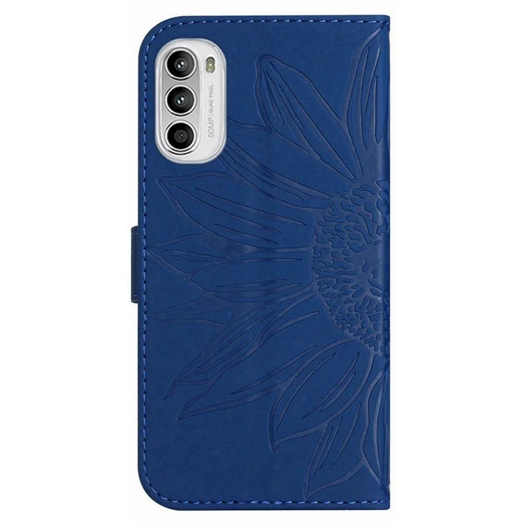 PU Leather Stand Wallet Case for Motorola Moto G62 5G, Skin-touch Imprinted Sunflower Shockproof Phone Cover with Strap - Sapphire