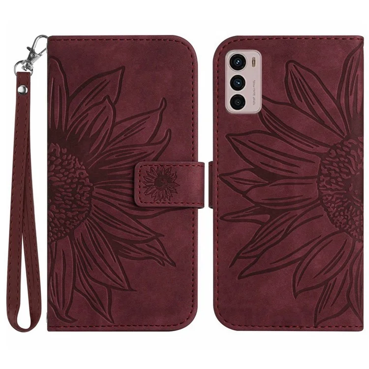 Imprinted Sunflower Phone Case for Motorola Moto G42 4G, PU Leather Flip Folio Cover Stand Wallet Skin-touch Shell with Strap - Wine Red