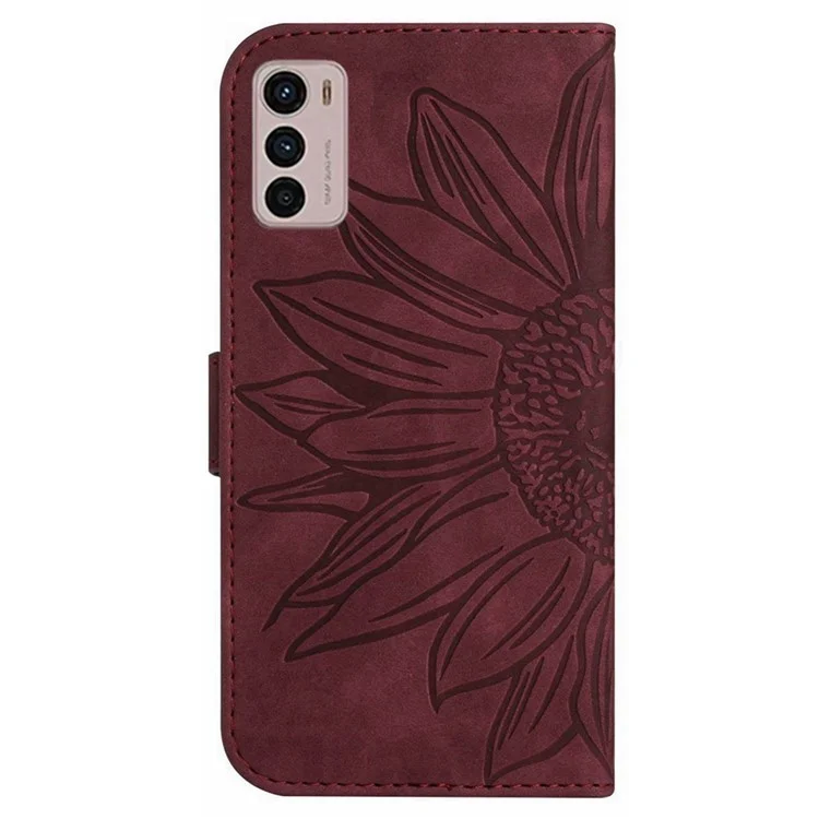 Imprinted Sunflower Phone Case for Motorola Moto G42 4G, PU Leather Flip Folio Cover Stand Wallet Skin-touch Shell with Strap - Wine Red