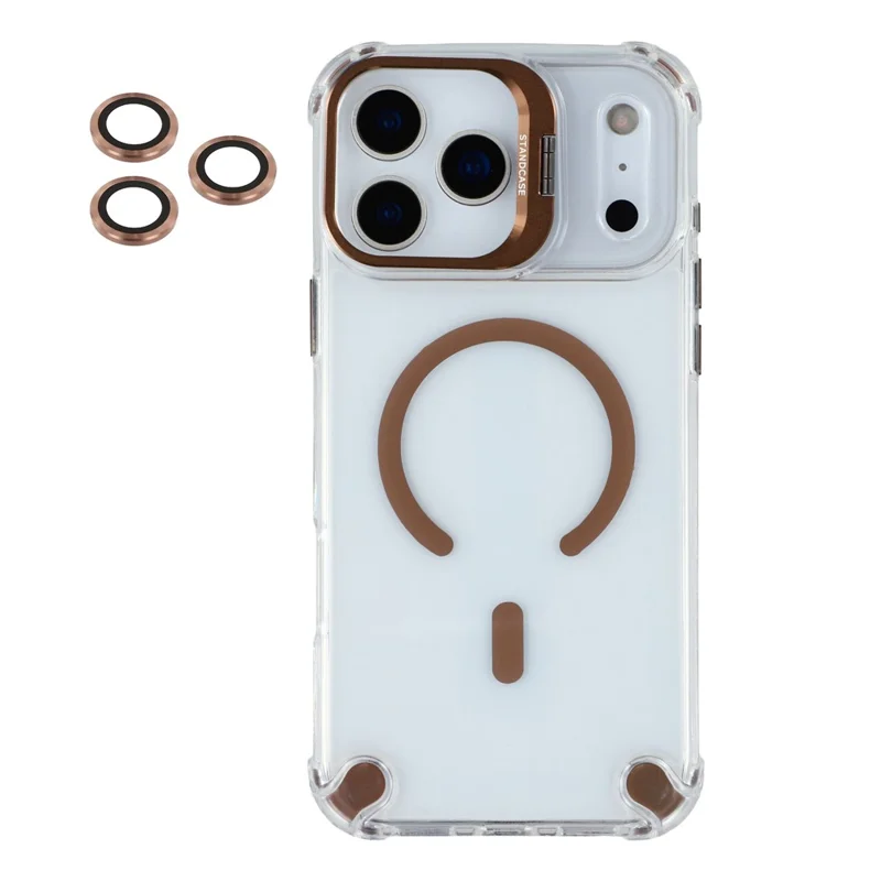 For iPhone 17 Pro Magnetic Case TPU PC Clear Phone Cover with Lens Frame Kickstand  /  Lens Film - Brown