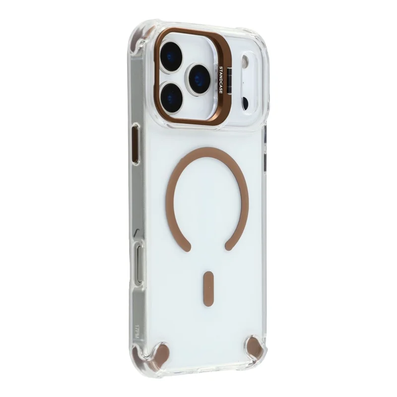 For iPhone 17 Pro Magnetic Case TPU PC Clear Phone Cover with Lens Frame Kickstand  /  Lens Film - Brown