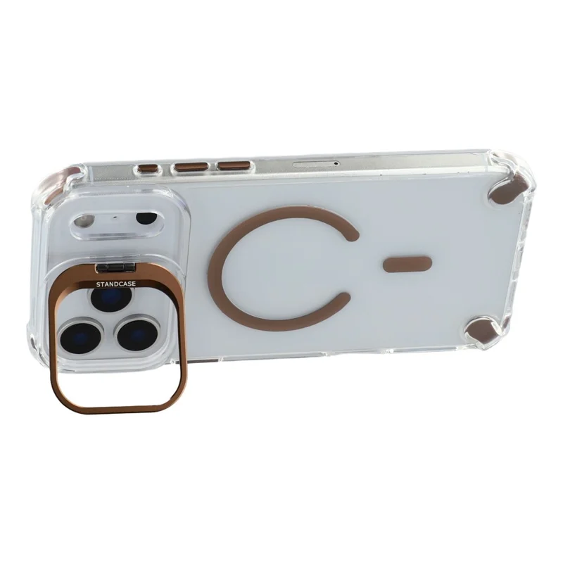 For iPhone 17 Pro Magnetic Case TPU PC Clear Phone Cover with Lens Frame Kickstand  /  Lens Film - Brown
