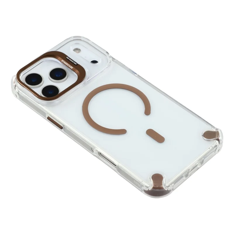 For iPhone 17 Pro Magnetic Case TPU PC Clear Phone Cover with Lens Frame Kickstand  /  Lens Film - Brown