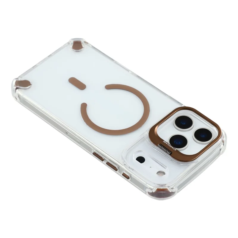 For iPhone 17 Pro Magnetic Case TPU PC Clear Phone Cover with Lens Frame Kickstand  /  Lens Film - Brown