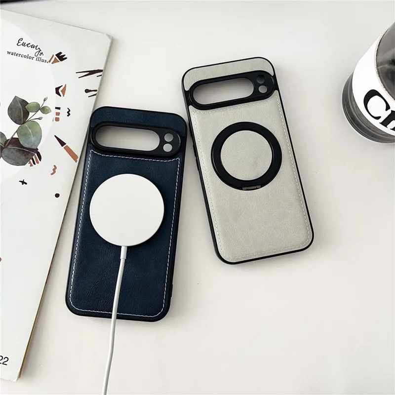Capa Magnética para Google Pixel 9 Pro XL com Textura de Couro de Bezerro PU + TPU + PC com Suporte - Azul