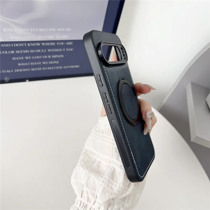 Capa Magnética para Google Pixel 9 Pro XL com Textura de Couro de Bezerro PU + TPU + PC com Suporte - Azul