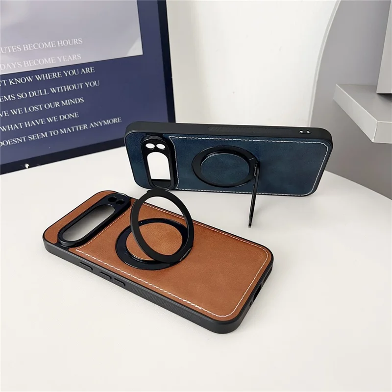 Capa Magnética para Google Pixel 9 Pro XL com Textura de Couro de Bezerro PU + TPU + PC com Suporte - Azul