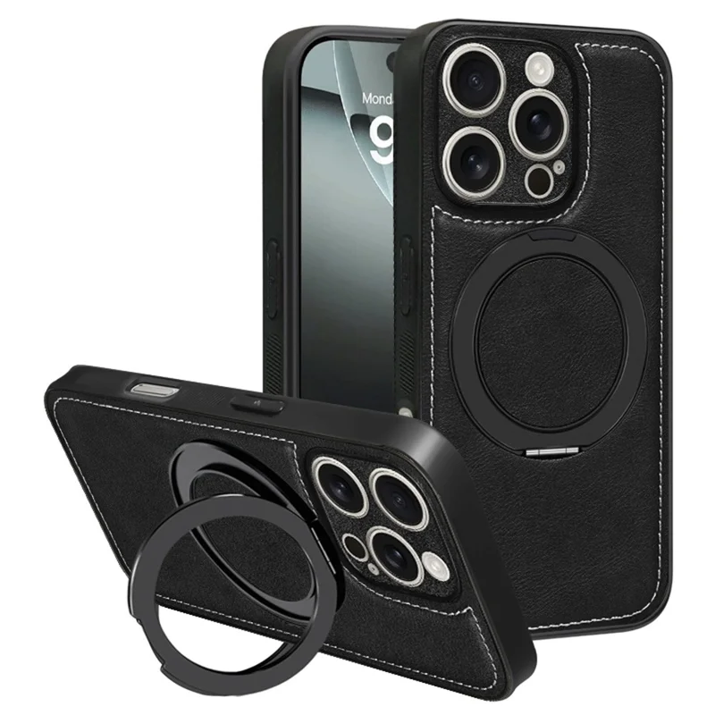 Custodia magnetica per iPhone 16 Pro Max in pelle di vitello con texture, rivestimento in TPU e PC, con supporto - Nero