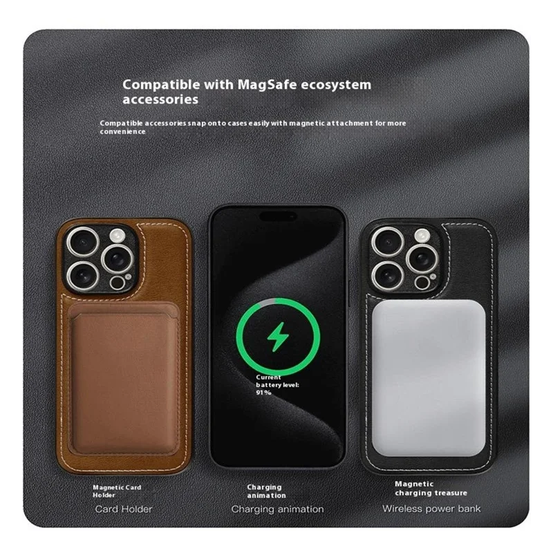 Custodia magnetica per iPhone 16 Pro Max in pelle di vitello con texture, rivestimento in TPU e PC, con supporto - Nero