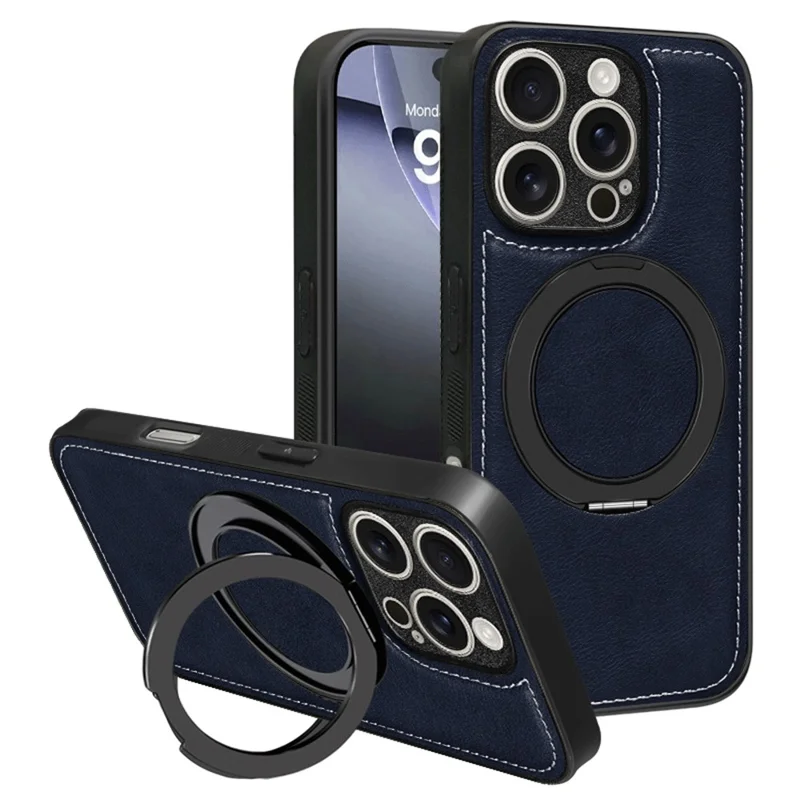 For iPhone 16 Pro Max Magnetic Case Calf Texture PU + TPU + PC Kickstand Phone Cover - Blue