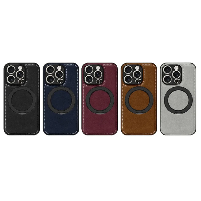 For iPhone 16 Pro Max Magnetic Case Calf Texture PU + TPU + PC Kickstand Phone Cover - Blue